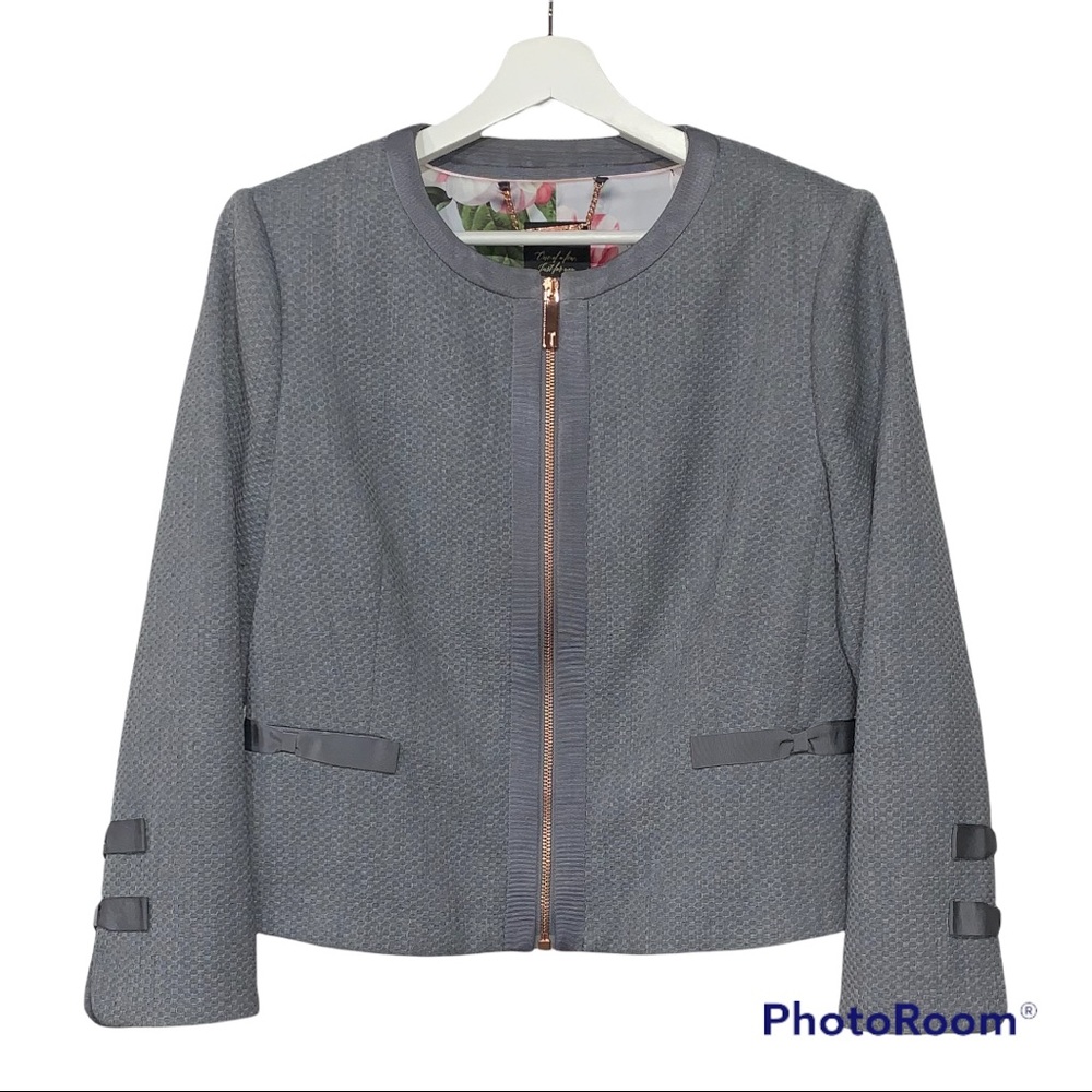 Ted Baker Gray Nadae Bow Detail Crop Jacket Zip Front Quiet Luxury Classic Sz 4 - Picture 3 of 16